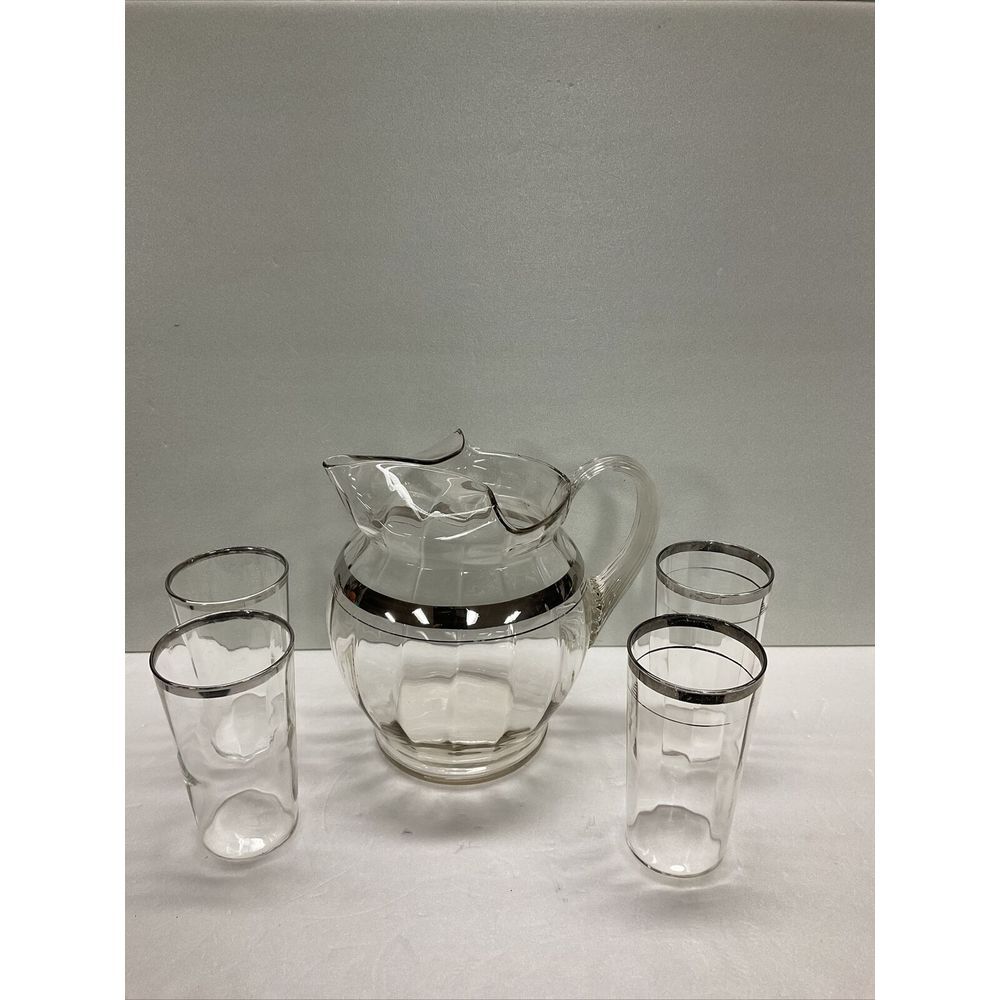 Vintage Clear Optic Panel Glass Pitcher + 4 Glasses. Ice Lip Ribbed Handle